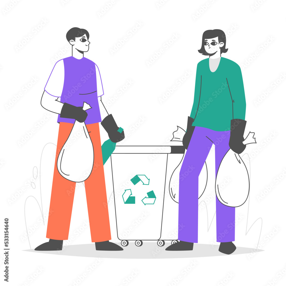 Linear people cleaning up, collecting and sorting waste. Volunteers taking care of environment, trash sorting flat vector symbols illustrations. Characters collecting trash Linear people cleaning up, collecting and sorting waste. Volunteers taking care of environment, trash sorting flat vector symbols illustrations. Characters collecting trash