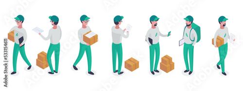 Isometric delivery workers, courier service carrying package. Couriers characters, cargo shipping and delivery 3d vector symbols illustrations set. Delivery service workers