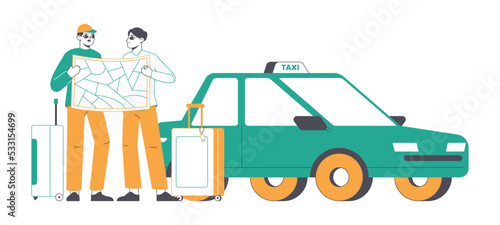 Travellers tourists with map take taxi, traveling people. Flat characters on vacation, outline tourists with suitcases flat vector illustrations set. Linear tourist characters