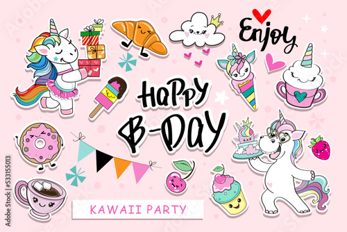 Kawaii stickers set with beautiful unicorn and sweets with eyes. Ice cream with unicorn faces, cupcake, cup of coffee, Vector illustration isolated