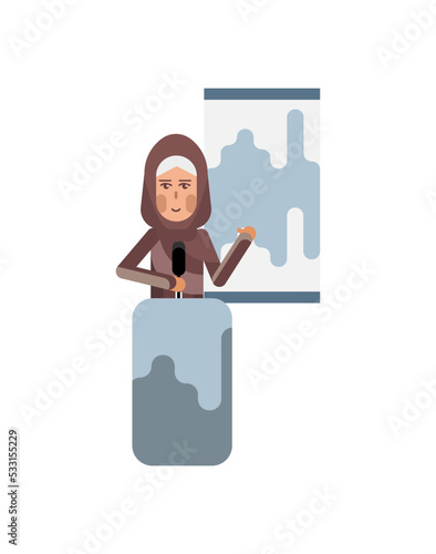 Arabic woman on tribune doing business presentation with financial diagram. Corporate business people isolated vector illustration.