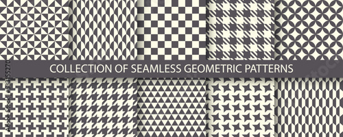Collection of monochrome seamless geometric patterns. Trendy cloth endless prints. Repeatable unusual simple backgrounds