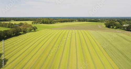 Aerial view of countryside with mowed grass in meadows, Ootmarsum, Twente, Overijssel, Netherlands. photo