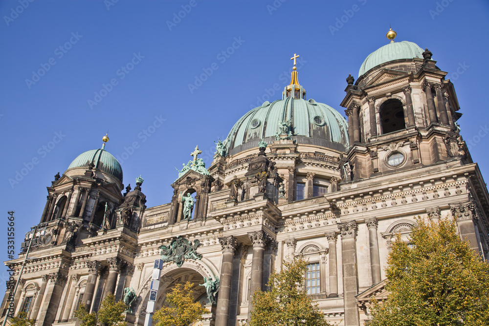 Detail of the ornate Neo-Renaissance facade and dome of the Berliner Dom, Berlin Cathedral, on the eastern shores of the Museumsinsel in the Spree river, Berlin.