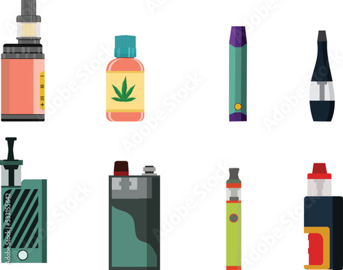 Electronic Cigarettes and accessories icons set. Vaping device and bottles with vape liquid. Liquid cotton,Pincers vape,Vape Pen,Vector E-cigarette and Flat vector.
