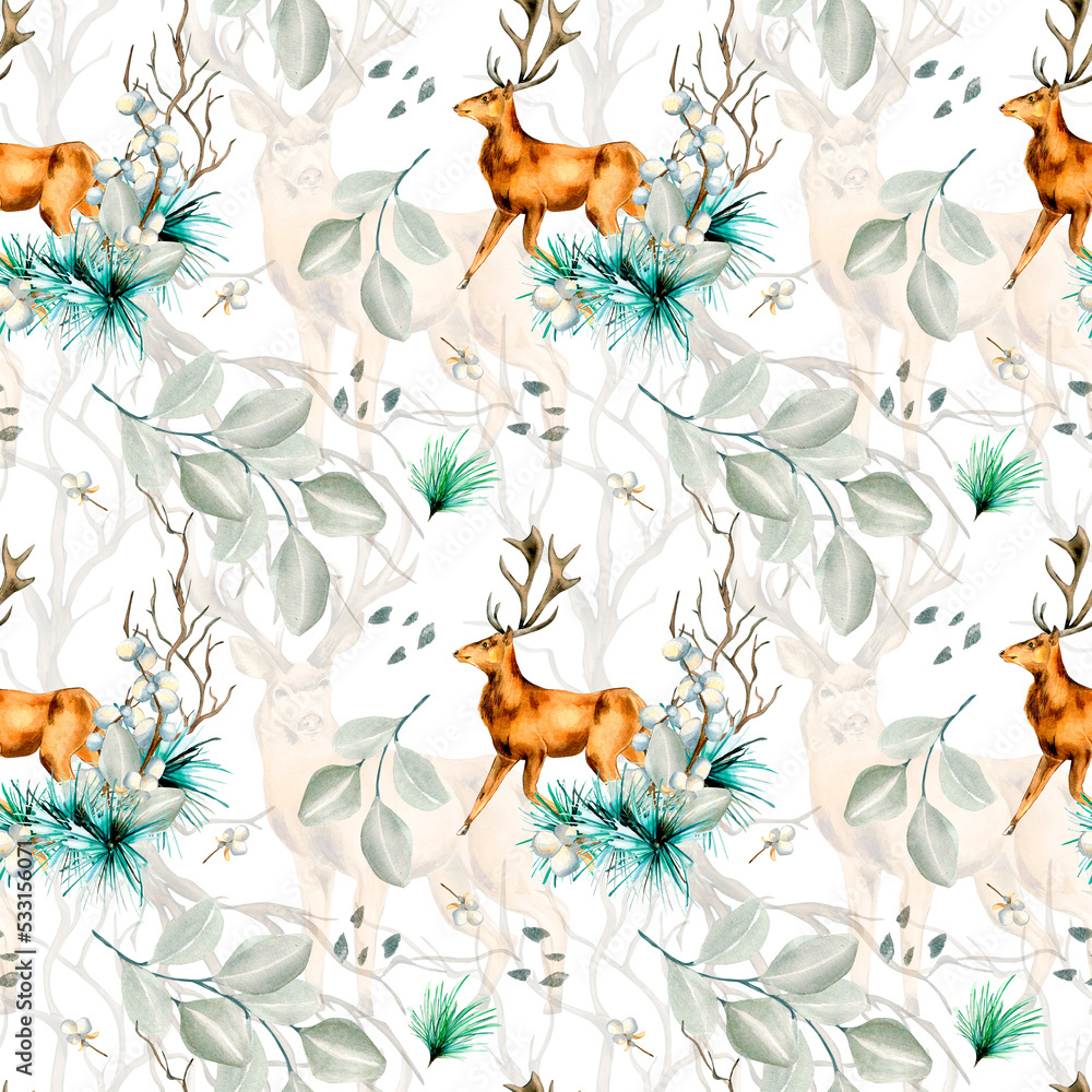 Fototapeta premium Winter plants and deer watercolor seamless pattern isolated on white.