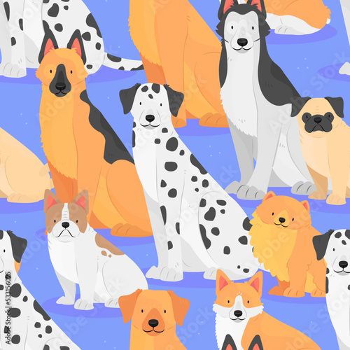 Fototapeta Naklejka Na Ścianę i Meble -  Seamless pattern with dogs of different breeds on a blue background. Sitting dogs in cartoon flat style. Vector illustration background.