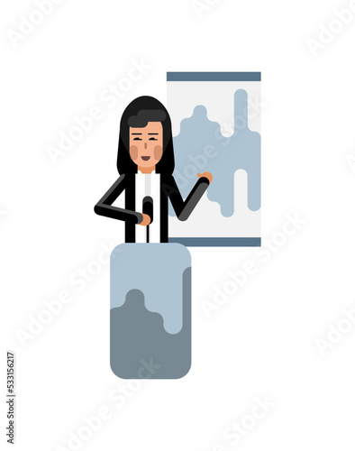 Asian woman on tribune doing business presentation with financial diagram. Corporate business people isolated vector illustration.