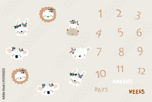 Milestone blanket with cute wild animals faces and numbers. Cartoon print for nursery textile. Vector hand drawn illustration.