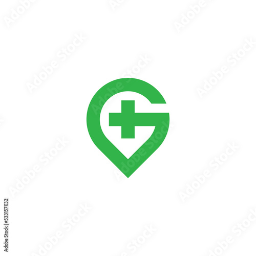 G Letter Medical Location Logo Design Vector, Combination Plus Icon with Pin Map Logo.