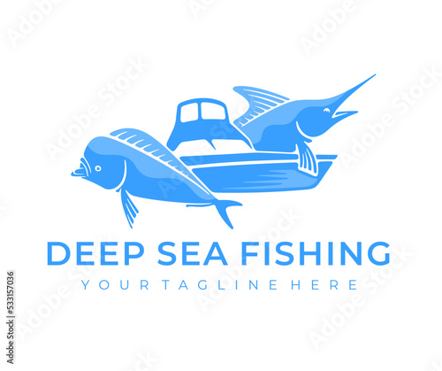 Deep sea fishing, marlin, mahi mahi and common dolphinfish, logo design. Fishing yacht, fish, animal and sport fishing, vector design and illustration