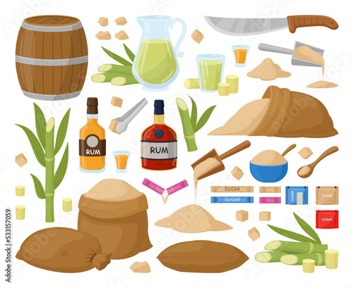 Brown sugar, cartoon sugarcane plant, sweet ingredient heap. Natural product sack or barrel, cane, knife and rum bottles flat vector illustration set. Sugar production industry