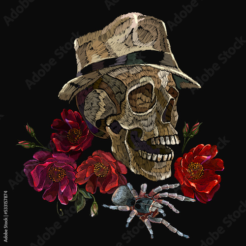 Dead noir detective in hat, skull, red roses and spider. Embroidery art. Template for clothes, textiles, t-shirt design Romantic gothic background