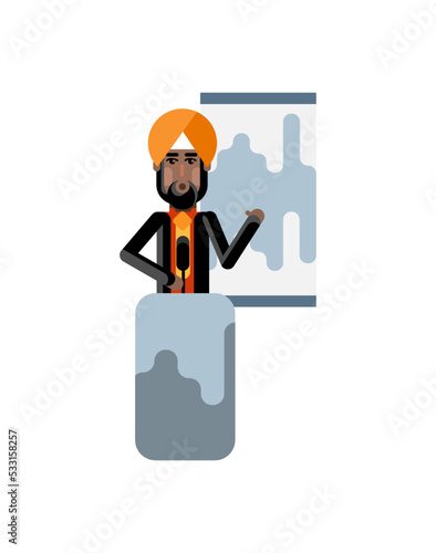 Indian speaker on tribune doing business presentation with financial diagram. Corporate business people isolated vector illustration.