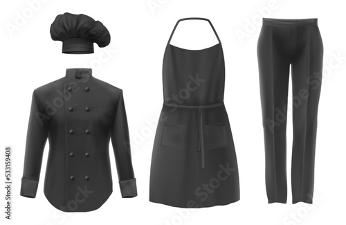 Chef uniforms. Culinary clothing black hat tunic apron pants with a nameplate icon set vector illustration. Professional suit clothes for cooks jackets and pants decent vector realistic uniform for