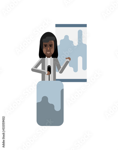 African speaker on tribune doing business presentation with financial diagram. Corporate business people isolated vector illustration.
