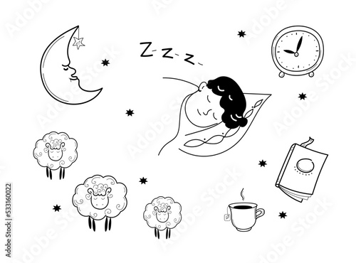 Sleep hygiene set, alarm clock, sleep mask , herbal tea ,comfortable pillow, vector doodle hand drawn sketch illustration