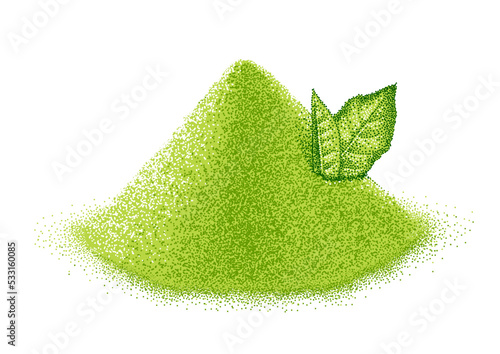 Matcha powder and leaves green tea. Japanese beverage. Shredded leaves for green tea drink. Sketch in vintage pointillism style. Engraved vector.