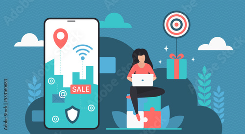 Ecommerce, online shop sales and delivery vector illustration. Tiny customer sitting with laptop to buy in retail store, using mobile phone for gift and purchase orders tracking and location pin