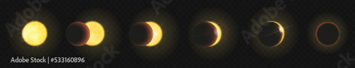 Solar eclipse set vector illustration. Different stages of partial and complete eclipse cycle of sun by moon, sequence process of movement of celestial planets in space, dark cosmos background