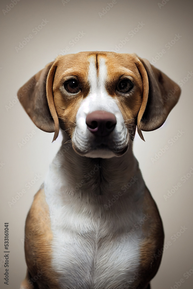 Beagle dog posing for photo on white neutral background. Cinematic light. Shallow depth of field. Dog staring at the photo