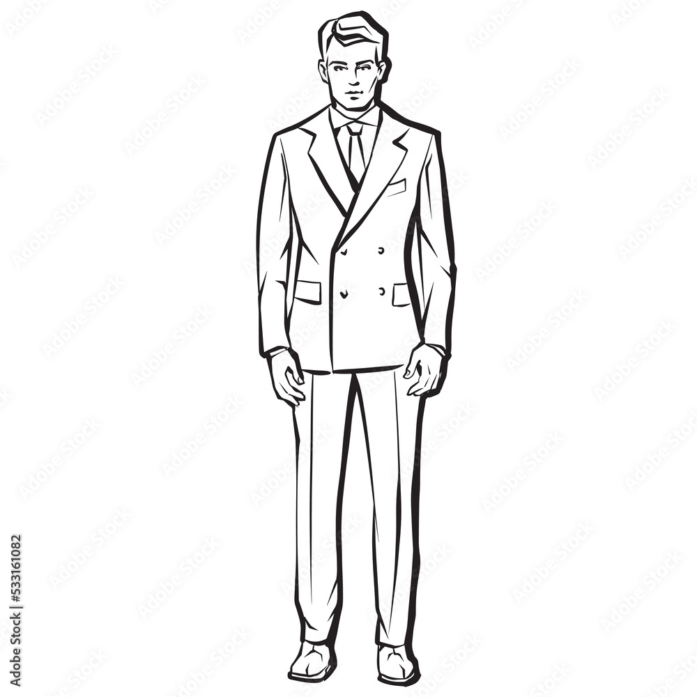 Businessman in suit standing, abstract ink drawing vector silhouette. Male fashion model Businessman in suit standing, abstract ink drawing vector silhouette. Male fashion model