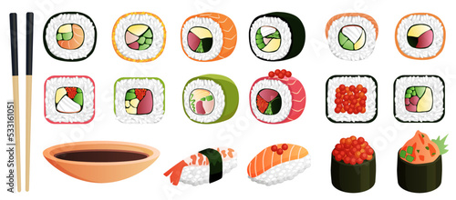 Sushi, Japanese restaurant menu vector illustration. Cartoon isolated Asian food, bamboo chopsticks and gourmet sashimi, rolls, maki and nigiri with rice and shrimp, salmon and tuna, caviar and nori