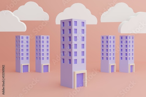 Residential  Condo Building  Residential Building  High-rise Building  Apartment  City Building  3D illustration with soft light  pastel color model.