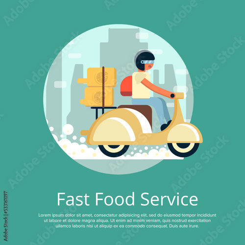 Fast food delivery service poster with courier man ride scooter on cityscape background. Restaurant advertising for ordering take away food and express delivery to customer door vector illustration.