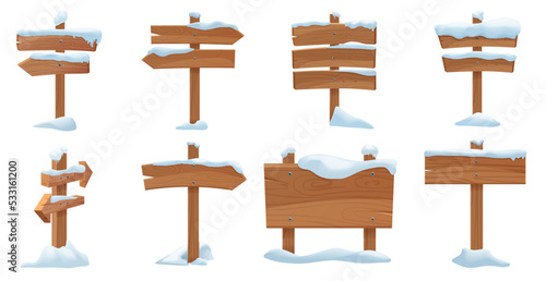 Wooden board and arrow in winter set vector illustration. Cartoon blank vintage signage for announcement on snowy road, signboard decoration with wood texture, snow drift and icicle isolated on white