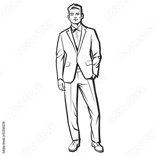 Businessman in suit standing, abstract ink drawing vector silhouette. Male fashion model