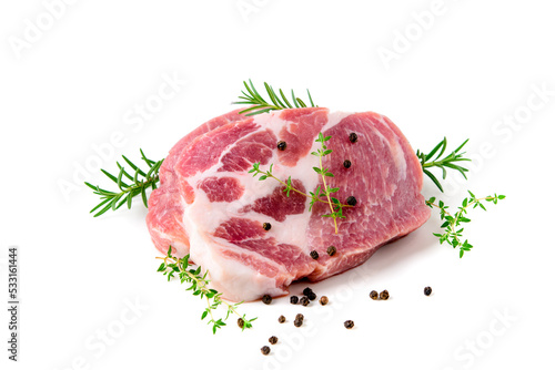 Pieces of pork meat with rosemary and thyme leaves on isolated on white background,