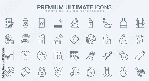Sport exercises in gym, fitness workout thin line icons set vector illustration. Outline equipment for training strength and muscles of body, diet for weight loss, yoga mat, tennis and basketball