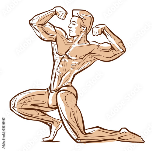 Fitness men posing. Muscular man stands, rippling athlete, sprinter. Vector drawing