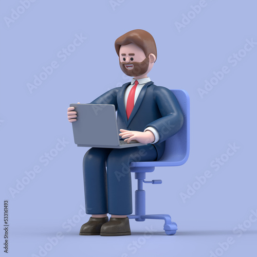 3D illustration of smiling bearded american businessman Bob work with laptop on office chair. 3D rendering on white background. 