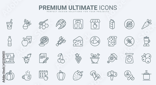 Healthy food, nutrition thin line icons set vector illustration. Outline fresh vegetarian diet menu, organic vegetables and fruit, cheese and milk for eating and cooking meals on lunch and dinner