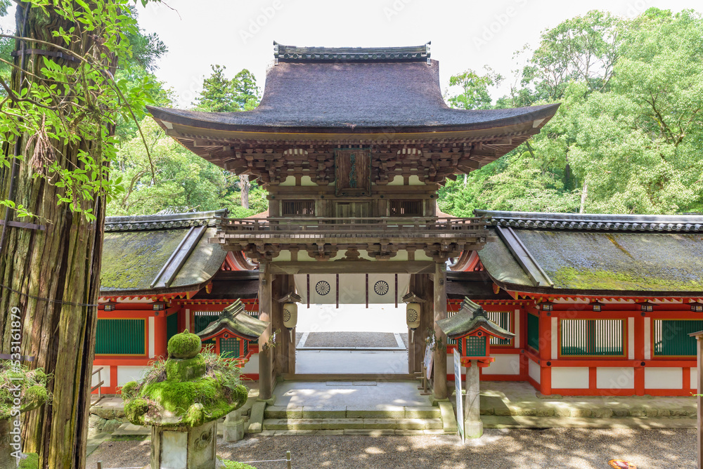 Romon Gate of the Isonokami Jingu Shrine in Nara, Importtant Cultural Property of Japan.