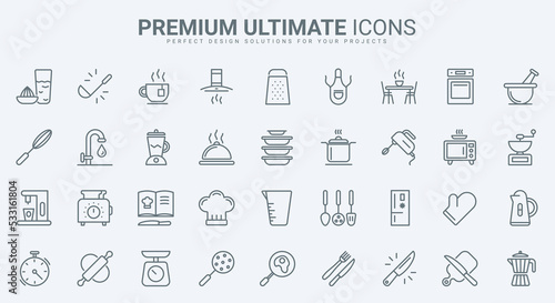 Kitchen equipment and furniture thin line icons set vector illustration. Outline restaurant or home tools and household electric machines symbols, chefs recipe book, utensils for cooking food
