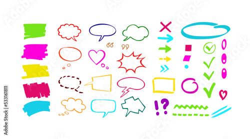 Colorful marker shapes, pointers, lines, and speech bubbles. Big set of hand drawn highlighter design elements