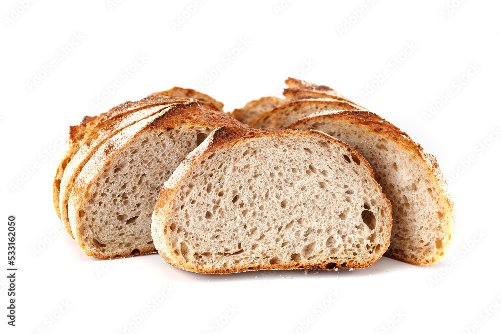 Sliced, cutted wheat bread.The sourdough has natural yeast, which makes the food healthier, Bakery, rustic traditional food concept.