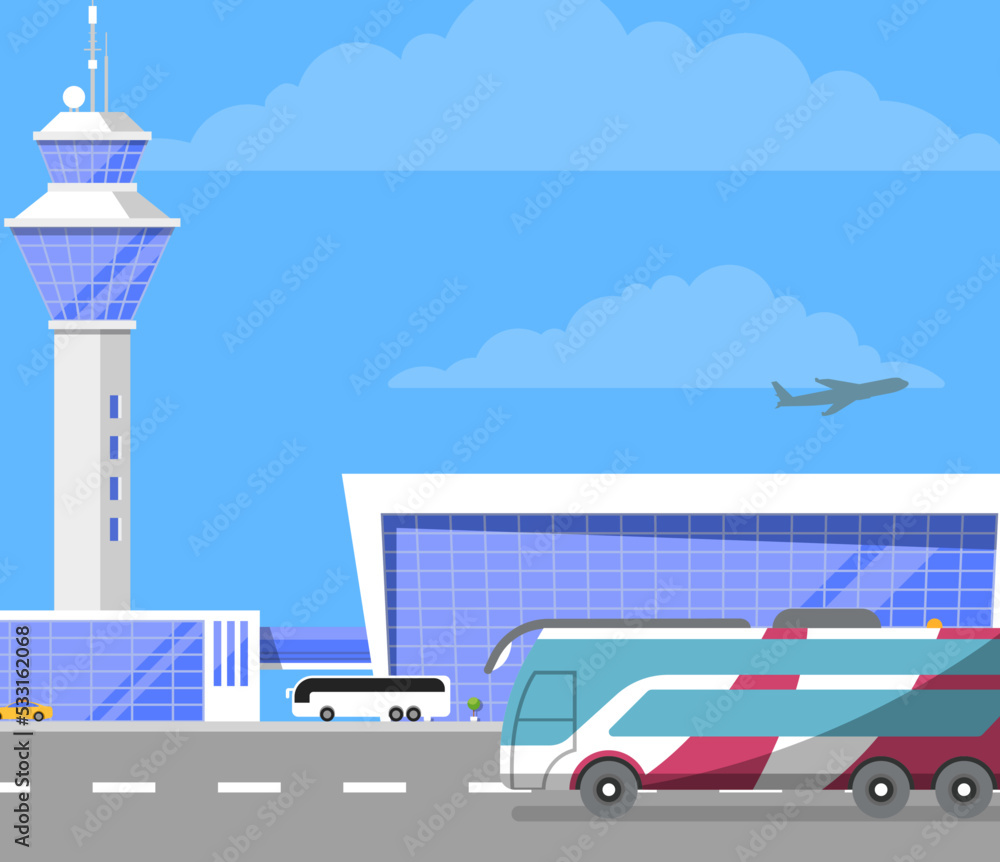 Modern international airport building with flight control tower ...