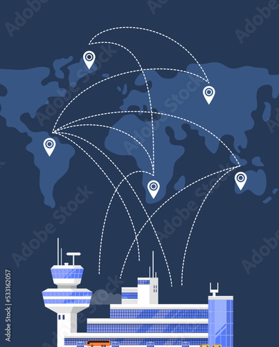 Modern international airport building. Glassy passenger air terminal with flight control tower on background of world map with air routes vector illustration. Worldwide commercial airline poster.