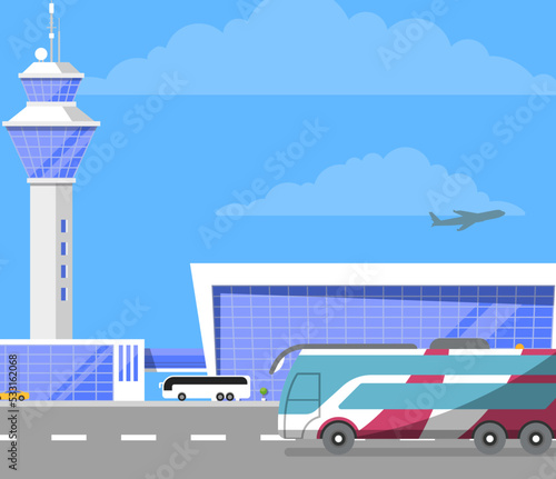 Modern international airport building with flight control tower. Passenger bus on road near glassy air terminal vector illustration. Worldwide commercial airline, airport infrastructure poster.