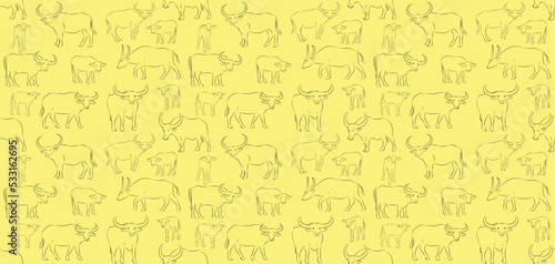 Vector image of an buffalo on yellow background.vector isolated buffalo with black color design illustration 