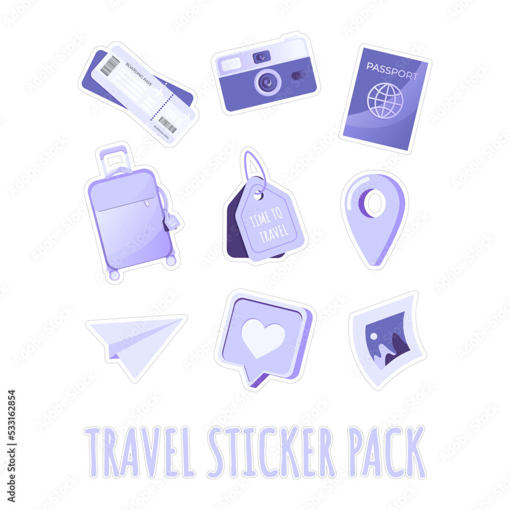 Travel sticker bundle. Set of travel elements like a suitcase, camera or ticket in flat style. Date, place, to do, days of the week and calendar stickers for notebook, diary, organizer or planner Travel sticker bundle. Set of travel elements like a suitcase, camera or ticket in flat style. Date, place, to do, days of the week and calendar stickers for notebook, diary, organizer or planner