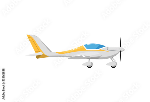 Small propeller airplane icon. Side view screw aircraft, passenger plane isolated on white background vector illustration.