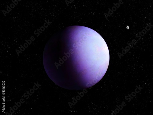 Realistic planet with atmosphere. Fantastic exoplanet, sci-fi background. Alien planet in space with asteroid.