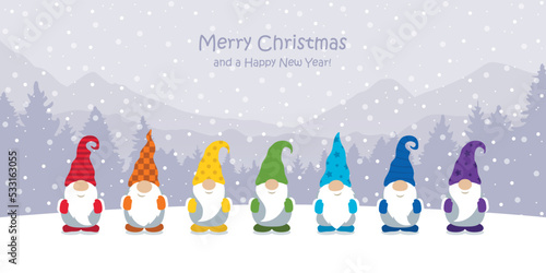 christmas greeting card with cute christmas dwarf and snowy landscape