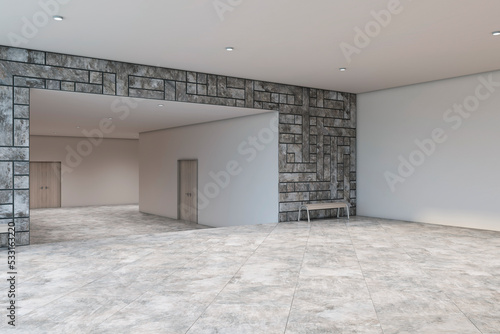 Modern hall way interior with concrete tile wall. Spacious room concept. 3D Rendering.