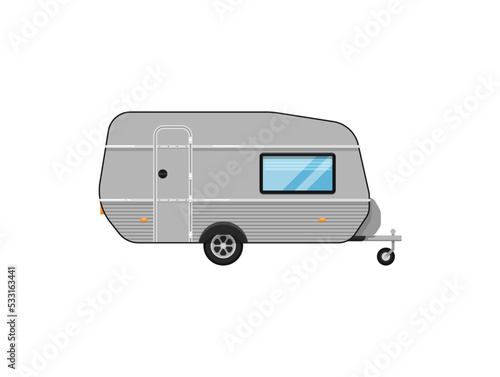 Camping trailer isolated on white icon. Mobile home for country and nature vacation. Side view recreational vehicle van vector illustration in flat syle.
